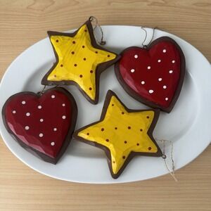 Vtg Star Heart Cookie Ornament Set Lot 4 Yellow Red Dot Christmas Wreath‎ Decor